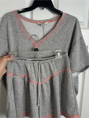 DAVI & DANI Gray Lounge Pajama Set with Coral Trim
